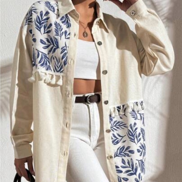 Pobyum Park Cream and Blue Leaf Print Button-Up Shirt - Picture 2 of 9